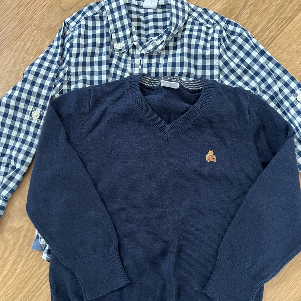 Boys Navy Check Button Down & Navy Sweater